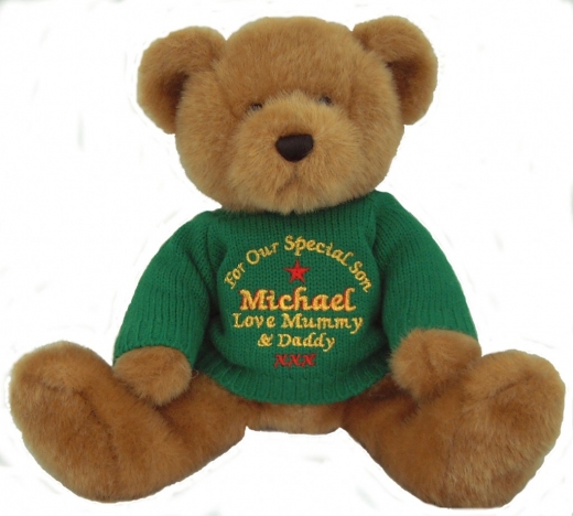 Teddy Bears wearing custom knitted sweaters with custom embroidery